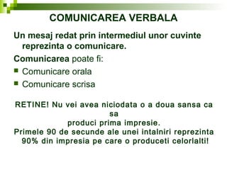 COMUNICAREA VERBALA
Un mesaj redat prin intermediul unor cuvinte
reprezinta o comunicare.
Comunicarea poate fi:
 Comunicare orala
 Comunicare scrisa
RETINE! Nu vei avea niciodata o a doua sansa ca
sa
produci prima impresie.
Primele 90 de secunde ale unei intalniri reprezinta
90% din impresia pe care o produceti celorlalti!
 