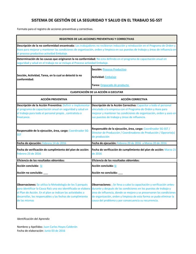 Formato Registro De Acciones Preventivas Y Correctivas Juan Carlos