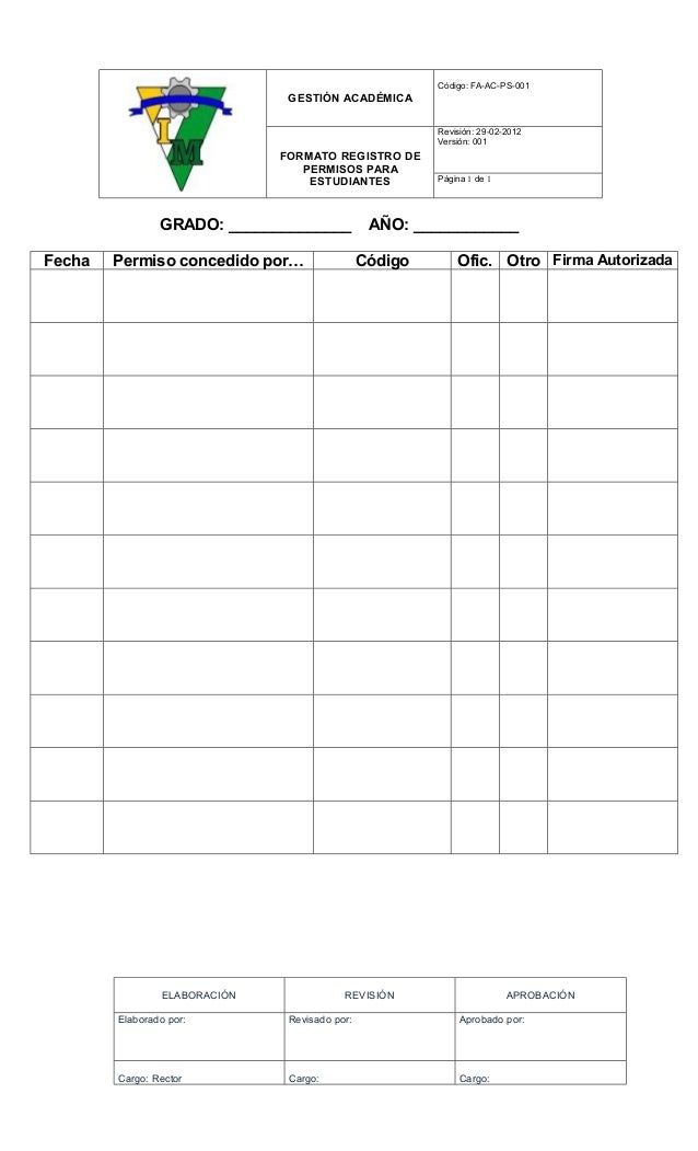 Formato registro de permisos semanales