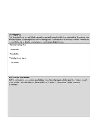 METODOLOGÍA
Es la descripción de las actividades a realizar, para alcanzar los objetivos planteados. A partir de esta
metodología se realiza la planeación del cronograma y se determina el recurso humano y financiero
requerido (como se detalla en enunciados posteriores). Experimento.
° Rastreo bibliográfico
° Entrevistas
° Resultados
° Tabulación de datos
° Conclusión
RESULTADOS ESPERADOS
Definir cuáles serán los posibles resultados e impactos del proyecto. Estos guardan relación con el
grado escolar de los estudiantes, la categoría del proyecto y obviamente con los objetivos
planteados
 