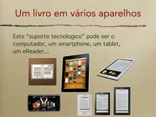 Um livro em vários aparelhos

Este “suporte tecnologico” pode ser o
computador, um smartphone, um tablet,
um eReader...
 