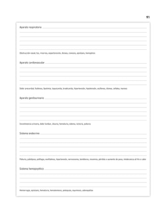 91
Aparato respiratorio
Obstrucción nasal, tos, rinorrea, expectoración, disnea, cianosis, epistaxis, hemoptisis
Aparato cardiovascular
Dolor precordial, fosfenos, lipotimia, taquicardia, bradicardia, hipertensión, hipotensión, acúfenos, disnea, cefalea, mareos
Aparato genitourinario
Incontinencia urinaria, dolor lumbar, disuria, hematuria, edema, nicturia, poliuria
Sistema endocrino
Poliuria, polidipsia, polifagia, exoftalmos, hipertensión, nerviosismo, temblores, insomnio, pérdida o aumento de peso, intolerancia al frío o calor
Sistema hemopoyético
Hemorragia, epistaxis, hematuria, hematemesis, petequias, equimosis, adenopatías
 