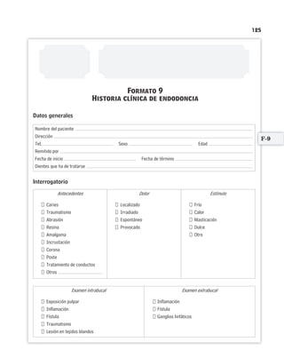 125
Datos generales
Nombre del paciente
Dirección
Tel. Sexo Edad
Remitido por
Fecha de inicio Fecha de término
Dientes que ha de tratarse
Interrogatorio
Antecedentes
Caries
Traumatismo
Abrasión
Resina
Amalgama
Incrustación
Corona
Poste
Tratamiento de conductos
Otros
Dolor
Localizado
Irradiado
Espontáneo
Provocado
Estímulo
Frío
Calor
Masticación
Dulce
Otro
Examen intrabucal
Exposición pulpar
Inflamación
Fístula
Traumatismo
Lesión en tejidos blandos
Examen extrabucal
Inflamación
Fístula
Ganglios linfáticos
Formato 9
Historia clínica de endodoncia
F-9
Limpiar Imprimir
 