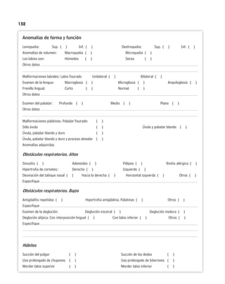132
Anomalías de forma y función
Levoquelia: Sup. ( ) Inf. ( ) Dextroquelia: Sup. ( ) Inf. ( )
Anomalías de volumen: Macroquelia ( ) Microquelia ( )
Los labios son: Húmedos ( ) Secos ( )
Otros datos
Malformaciones labiales: Labio fisurado Unilateral ( ) Bilateral ( )
Examen de la lengua: Macroglosia ( ) Microglosia ( ) Anquiloglosia ( )
Frenillo lingual: Corto ( ) Normal ( )
Otros datos
Examen del paladar: Profundo ( ) Medio ( ) Plano ( )
Otros datos
Malformaciones palatinas. Paladar fisurado: ( )
Sólo úvula ( ) Úvula y paladar blando ( )
Úvula, paladar blando y duro ( )
Úvula, paladar blando y duro y proceso alveolar ( )
Anomalías adquiridas
Obstáculos respiratorios. Altos
Sinusitis ( ) Adenoides ( ) Pólipos ( ) Rinitis alérgica ( )
Hipertrofia de cornetes: Derecho ( ) Izquierdo ( )
Desviación del tabique nasal ( ) Hacia la derecha ( ) Horizontal izquierda ( ) Otros ( )
Especifique
Obstáculos respiratorios. Bajos
Amigdalitis repetidas ( ) Hipertrofia amigdalina. Palatinas ( ) Otros ( )
Especifique
Examen de la deglución: Deglución visceral ( ) Deglución madura ( )
Deglución atípica. Con interposición lingual ( ) Con labio inferior ( ) Otros ( )
Especifique
Hábitos
Succión del pulgar ( ) Succión de los dedos ( )
Uso prolongado de chupones ( ) Uso prolongado de biberones ( )
Morder labio superior ( ) Morder labio inferior ( )
 