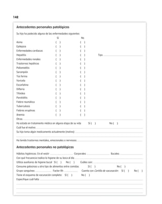142
Antecedentes personales patológicos
Su hijo ha padecido alguna de las enfermedades siguientes
Sí No
Asma ( ) ( )
Epilepsia ( ) ( )
Enfermedades cardiacas ( ) ( )
Hepatitis ( ) ( ) Tipo
Enfermedades renales ( ) ( )
Trastornos hepáticos ( ) ( )
Poliomielitis ( ) ( )
Sarampión ( ) ( )
Tos ferina ( ) ( )
Varicela ( ) ( )
Escarlatina ( ) ( )
Difteria ( ) ( )
Tifoidea ( ) ( )
Parotiditis ( ) ( )
Fiebre reumática ( ) ( )
Tuberculosis ( ) ( )
Fiebres eruptivas ( ) ( )
Anemia ( ) ( )
Otras
Ha estado en tratamiento médico en alguna etapa de su vida Sí ( ) No ( )
Cuál fue el motivo
Su hijo toma algún medicamento actualmente (motivo)
Ha tenido trastornos mentales, emocionales o nerviosos
Antecedentes personales no patológicos
Hábitos higiénicos: En el vestir Corporales Bucales
Con qué frecuencia realiza la higiene de su boca al día
Utiliza auxiliares de higiene bucal Sí ( ) No ( ) Cuáles son:
Consume golosinas u otro tipo de alimentos entre comidas Sí ( ) No ( )
Grupo sanguíneo Factor Rh Cuenta con Cartilla de vacunación: Sí ( ) No ( )
Tiene el esquema de vacunación completo: Sí ( ) No ( )
Especifique cuál falta
 