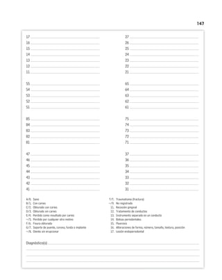 147
17 27
16 26
15 25
14 24
13 23
12 22
11 21
55 65
54 64
53 63
52 62
51 61
85 75
84 74
83 73
82 72
81 71
47 37
46 36
45 35
44 34
43 33
42 32
41 31
A/0. Sano T/T. Traumatismo (fractura)
B/1. Con caries --/9. No registrado
C/2. Obturado con caries 11. Recesión gingival
D/3. Obturado sin caries 12. Tratamiento de conductos
E/4. Perdido como resultado por caries 13. Instrumento separado en un conducto
--/5. Perdido por cualquier otro motivo 14. Bolsas periodontales
F/6. Fisura obturada 15. Fluorosis
G/7. Soporte de puente, corona, funda o implante 16. Alteraciones de forma, número, tamaño, textura, posición
--/8. Diente sin erupcionar 17. Lesión endoperiodontal
Diagnóstico(s)
 