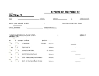REPORTE DE RECEPCION DE
MATERIALES
FECHA : HORA DE ENTRADA: No RAMPA/ALMACEN:
MATERIA PRIMA / MATERIAL RECIBIDO : CONDICIONES DE LIMPIEZA DE UNIDAD:
LINEA DE TRANSPORTE : TEMPERATURA DE CAJA:
PAPELERIA QUE PRESENTA EL TRANSPORTISTA : RECIBIO EN
ALMACEN ( sello) :
No Sí ORDEN DE COMPRA Número_______
No Sí O REMISIÓN COMPRA Número ________
No Sí TRASPASOTIF Número ________
No Sí CERT ZOOSANITARIO TIF Número ________
No Sí CERT FITOZOOSANITARIO Número ________
No Sí CERT. FUMIGACION/TRAT.TERMICO Número ________
No Sí CERT. DE SANITIZACIÓN DEUNIDAD Número ________
 