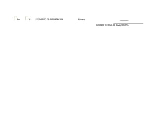 No Sí PEDIMENTO DE IMPORTACION Número ________
____________________________
NOMBRE Y FIRMA DE ALMACENISTA
 