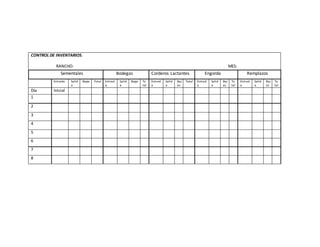 CONTROL DE INVENTARIOS.
RANCHO: MES:
Sementales Bodegas Corderos Lactantes Engorda Remplazos
Entrada Salid
a
Bajas Total Entrad
a
Salid
a
Bajas To
tal
Entrad
a
Salid
a
Baj
as
Total Entrad
a
Salid
a
Baj
as
To
tal
Entrad
a
Salid
a
Baj
as
To
tal
Día Inicial
1
2
3
4
5
6
7
8
 