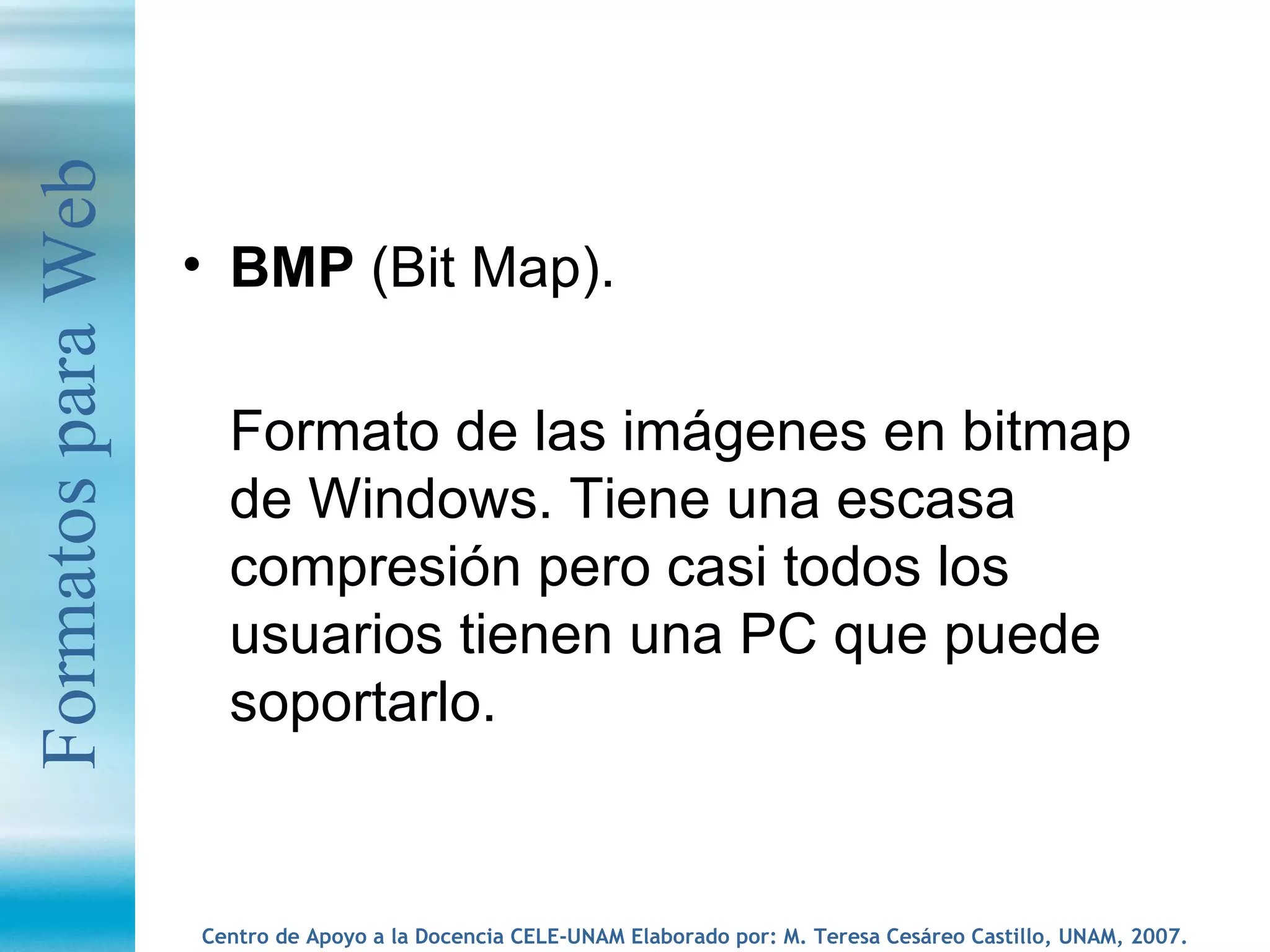 BMP  (Bit Map).  Formato de las imágenes en bitmap de Windows. Tiene una escasa compresión pero casi todos los usuarios tienen una PC que puede soportarlo. Formatos para Web 
