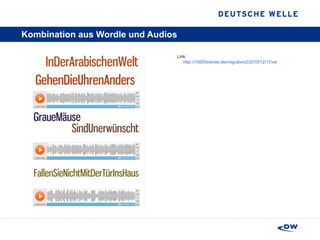 Kombination aus Wordle und Audios Link:  http://10000stories.de/migration2/2010/12/11/vermittler-in-die-arabische-welt 