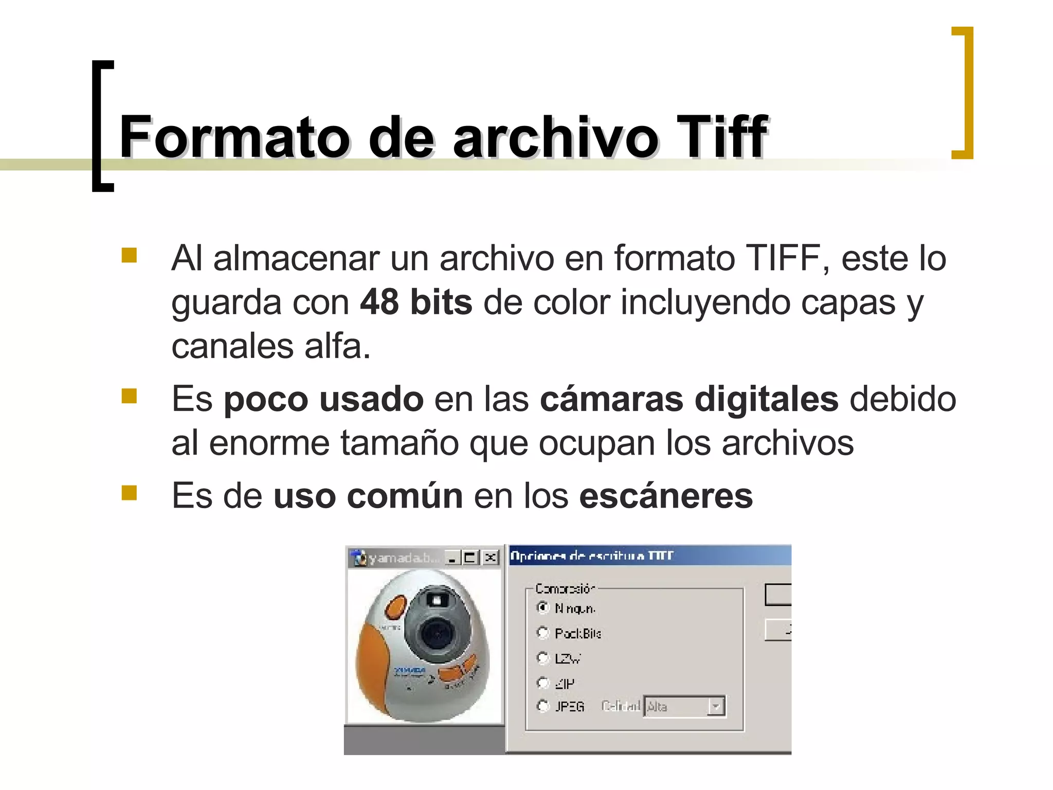 Formato de archivo Tiff Al almacenar un archivo en formato TIFF, este lo guarda con  48 bits  de color incluyendo capas y canales alfa.  Es  poco usado  en las  cámaras digitales  debido al enorme tamaño que ocupan los archivos Es de  uso común  en los  escáneres 