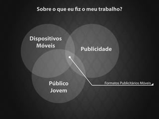 Sobre o que eu fiz o meu trabalho?




Dispositivos
  Móveis
                   Publicidade




       Público              Formatos Publicitários Móveis

       Jovem
 