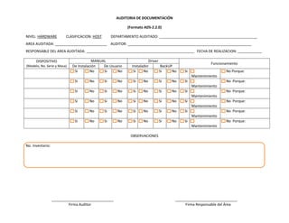 AUDITORIA DE DOCUMENTACIÓN
(Formato ADS-2.2.0)
NIVEL: HARDWARE

CLASIFICACION: HOST

DEPARTAMENTO AUDITADO: _________________________________________________

AREA AUDITADA: __________________________ AUDITOR: ______________________________________________________________
RESPONSABLE DEL AREA AUDITADA: ______________________________________________________ FECHA DE REALIZACION: ____________
DISPOSITIVO
(Modelo, No. Serie y Maca)

MANUAL
De Instalación
De Usuario
Si
No
Si
No

Driver
Instalador
BackUP
Si
No
Si
No

Si

Si

Si

Funcionamiento
No Porque:
Mantenimiento

Si

No

Si

No

No

Si

No

No Porque:
Mantenimiento

Si

No

Si

No

Si

No

Si

No

Si

No Porque:
Mantenimiento

Si

No

Si

No

Si

No

Si

No

Si

No Porque:
Mantenimiento

Si

No

Si

No

Si

No

Si

No

Si

No Porque:
Mantenimiento

Si

No

Si

No

Si

No

Si

No

Si

No Porque:
Mantenimiento

OBSERVACIONES
No. Inventario:

_______________________________
Firma Auditor

_______________________________
Firma Responsable del Área

 