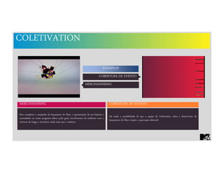 COLETIVATION
COBERTURA DE EVENTO
MERCHANDISING COBERTURA DE EVENTO
Há ainda a possibilidade de que a equipe do Coletivation cubra a festa/evento de
lançamento do filme (sujeito a aprovação editorial).
Para completar a campanha de lançamento do filme, a apresentação de sua história e
curiosidades no nosso programa diário pode gerar envolvimento da audiência com o
universo do longa, e incentivar ainda mais que o assistam.
EXEMPLOS
MERCHANDISING
 