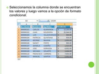 Seleccionamos la columna donde se encuentran los valores y luego vamos a la opción de formato condicional. 