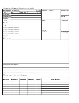 Formato Script Formato script para producciones audiovisuales universitarias | PDF