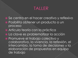  Se centra en el hacer creativo y reflexivo
 Posibilita obtener un producto o un
proceso
 Articula teoría con la práctica
 La clave es problematizar la acción
 Promueve el trabajo colectivo y
colaborativo, la vivencia, la reflexión, el
intercambio, la toma de decisiones y la
elaboración de propuestas en equipo
de trabajo
 