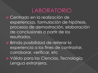  Centrado en la realización de
experiencias, formulación de hipótesis,
procesos de demostración, elaboración
de conclusiones a partir de los
resultados.
 Brinda posibilidad de reiterar la
experiencia a los fines de contrastar,
corroborar, verificar, etc
 Válido para las Ciencias, Tecnología,
Lengua extranjera.
 