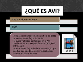 ¿QUÉ ES AVI?
Audio Video Interleave

1992


-Almacena simultáneamente un flujo de datos
de video y varios flujos de audio.
-El audio y el video contenidos en el AVI
pueden estar en cualquier formato (AC3/DivX,
entre otros)
-Admite varios flujos de datos de audio, lo que
significa que puede contener varias bandas
sonoras en varios idiomas.
 