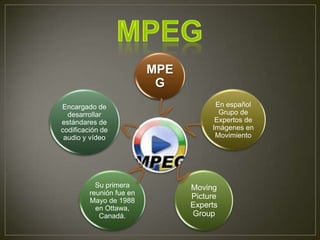 MPE
                           G
Encargado de                          En español
  desarrollar                          Grupo de
estándares de                         Expertos de
codificación de                      Imágenes en
 audio y vídeo                        Movimiento




           Su primera           Moving
         reunión fue en
                                Picture
         Mayo de 1988
           en Ottawa,           Experts
            Canadá.             Group
 