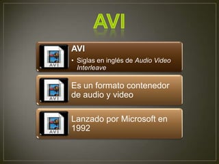 AVI
• Siglas en inglés de Audio Video
  Interleave

Es un formato contenedor
de audio y video

Lanzado por Microsoft en
1992
 
