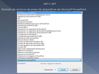 pps o .ppt

Formato de archivos de pases de diapositivas de Microsoft PowerPoint.
 