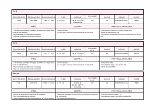 TIFF
COMPRESIÓN RESOLUCIÓN DIMENSIONES PESO MEDIDA
CANALES
ALFA
CAPAS COLOR MODO
LZW 200 ppp 1181 x 1575 8.52 MB 15 X 20 CEN-
TÍMETROS
NO SI 8 BITS/CANAL RGB
PRO CONTRA PARTICULARIDADES
- Si se necesita aumentar la imagen, se obtiene una mejor reso-
lución en este formato.
- Recomendable para ediciones inacabadas.
- Se puede comprimir sin perder resolución.
- Archivo pesado
- Su envío para enviarse electrónicamente es más lento.
- Guardado con capas y sin utilizar canales alfa
- Modo de compresión LZW.
- Disminuídos valores de resolución y dimensiones de la ima-
gen.
TIFF
COMPRESIÓN RESOLUCIÓN DIMENSIONES PESO MEDIDA
CANALES
ALFA
CAPAS COLOR MODO
LZW 200 ppp 1181 x 1575 2.76 MB 15 X 20 CEN-
TÍMETROS
NO NO 8 BITS/CANAL CMYK
PRO CONTRA PARTICULARIDADES
- Si se necesita aumentar la imagen, se obtiene una mejor reso-
lución en este formato.
- Recomendable para ediciones inacabadas.
- Se puede comprimir sin perder resolución.
- Archivo pesado
- Su envío para enviarse electrónicamente es más lento.
- Compresión LZW.
- Guardado sin capas y sin canales alfa.
- Modo de color CMYK
JPEG
COMPRESIÓN RESOLUCIÓN DIMENSIONES PESO MEDIDA
CANALES
ALFA
CAPAS COLOR MODO
NO 300 ppp 2736 x 3648 5.47 MB 23,16 X
30,89 CENTÍ-
METROS
NO NO 8 BITS/CANAL RGB
PRO CONTRA PARTICULARIDADES
- Permite la visualización progresiva de imágenes
- Gran compatibilidad de sistemas.
- Ofrece imágenes con una profundidad de 6.777.216 colores.
- Comprime la imagen lo que provoca una pérdida irreversible
de información.
- No soporta transparencias.
- Guardat a máxima calidat : 12
- Guardado sin capas y sin utilizar canales alfa.
 