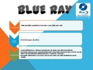 •Blu-ray disc también conocido como Blu-ray o BD
¿Que significa?




   Año de
                  •El 19 de mayo de 2005
  creación




                •gran definición y almacenamiento de datos de alta densidad.
                •permite almacenar sustancialmente más información que el DVD en un
                 disco de las mismas dimensiones y aspecto externo.
Características •permite disfrutar cerca de 6 horas de vídeo de alta definición más
                 audio
 