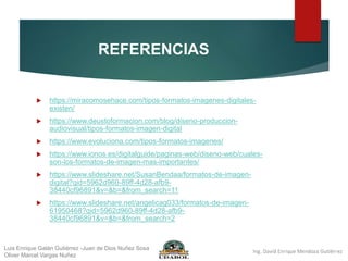 REFERENCIAS
 https://miracomosehace.com/tipos-formatos-imagenes-digitales-
existen/
 https://www.deustoformacion.com/blog/diseno-produccion-
audiovisual/tipos-formatos-imagen-digital
 https://www.evoluciona.com/tipos-formatos-imagenes/
 https://www.ionos.es/digitalguide/paginas-web/diseno-web/cuales-
son-los-formatos-de-imagen-mas-importantes/
 https://www.slideshare.net/SusanBendaa/formatos-de-imagen-
digital?qid=5962d960-89ff-4d28-afb9-
38440cf96891&v=&b=&from_search=11
 https://www.slideshare.net/angelicag033/formatos-de-imagen-
61950468?qid=5962d960-89ff-4d28-afb9-
38440cf96891&v=&b=&from_search=2
Luis Enrique Galán Gutiérrez -Juan de Dios Nuñez Sosa
Oliver Marcel Vargas Nuñez
 