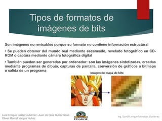 Tipos de formatos de
imágenes de bits
Son imágenes no revisables porque su formato no contiene información estructural
• Se pueden obtener del mundo real mediante escaneado, revelado fotográfico en CD-
ROM o captura mediante cámara fotográfica digital
• También pueden ser generadas por ordenador: son las imágenes sintetizadas, creadas
mediante programas de dibujo, capturas de pantalla, conversión de gráficos a bitmaps
o salida de un programa
Luis Enrique Galán Gutiérrez -Juan de Dios Nuñez Sosa
Oliver Marcel Vargas Nuñez
 