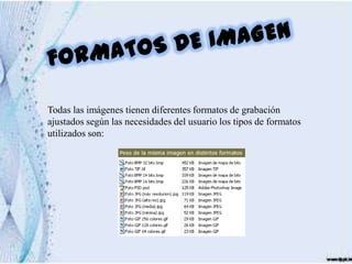 Todas las imágenes tienen diferentes formatos de grabación
ajustados según las necesidades del usuario los tipos de formatos
utilizados son:
 