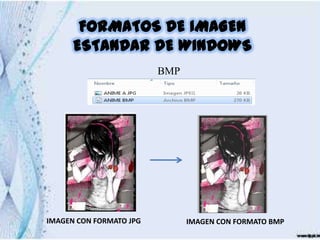 FORMATOS DE IMAGEN
      ESTANDAR DE WINDOWS
                         BMP




IMAGEN CON FORMATO JPG         IMAGEN CON FORMATO BMP
 