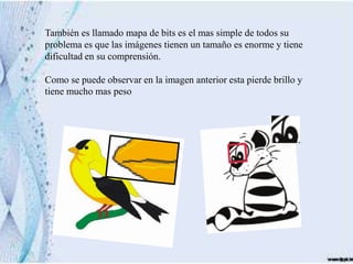 También es llamado mapa de bits es el mas simple de todos su
problema es que las imágenes tienen un tamaño es enorme y tiene
dificultad en su comprensión.

Como se puede observar en la imagen anterior esta pierde brillo y
tiene mucho mas peso
 