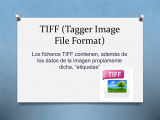 TIFF (Tagger Image
File Format)
Los ficheros TIFF contienen, además de
los datos de la imagen propiamente
dicha, “etiquetas”
 
