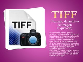 (Formato de archivo
de imagen
etiquetada)
El nombre se debe a que los
ficheros TIFF contienen, además de
los datos de la imagen propiamente
dicha, "etiquetas" en las que se
archiva información sobre las
características de la imagen, que
sirve para su tratamiento posterior.
Lo desarrollo la empresa Aldus para
homogeneizar los formatos de
imágenes digitales.
Como opción posee un algoritmo de
compresión llamado LZW con el que
el archivo se comprime, sin perder
calidad de imagen.
 