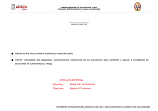 GERENCIA REGIONAL DE EDUCACIÓN DE CUSCO
UNIDAD DE GESTIÓN EDUCATIVA LOCAL DE URUBAMBA
______________________________________________________________________________________________________________________________________
………………..………………
FIRMA DE DIRECTOR
● Informe de los cinco primeros puestos por mesa de partes
● Informe consolidado del diagnóstico socioemocional institucional de los estudiantes para identificar y apoyar a estudiantes en
situaciones de vulnerabilidad y riesgo.
FECHA DE ENTREGA
Docentes : Hasta el 31 de diciembre
Directores : Hasta el 17 de enero
DOCUMENTOS DE FINALIZACIÓN DEL AÑO ESCOLAR 2024 EN LA EDUCACIÓN BÁSICA EN EL ÁMBITO DE LA UGEL URUBAMBA
 