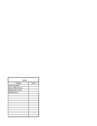 Saldos
          Unidad               Costo
Camisa de paño
Saco cuello tortuga
Gaban Color unico
Pantalon XL X
 