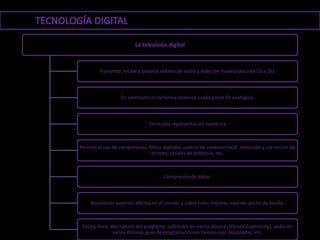 La televisión digital



         Transmite, recibe y procesa señales de audio y video de manera discreta (1s y 0s).



                   En contraste con la forma continua usada por la TV analógica.



                                Tiene una representación numérica



Permite el uso de compresores, filtros digitales, control de conexión local, detección y corrección de
                                 errores, canales de doble vía, etc.



                                       Compresión de datos.



     Resolución superior, efectos en el sonido, y sobre todo, mejores usos del ancho de banda.



 Fecha, hora, descripción del programa, subtítulos en varios idiomas (Closed Captioning), audio en
               varios idiomas, guía de programación en tiempo real, búsquedas, etc.
 