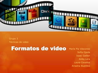 Grupo 3
Técnicas de video
María Pía Vásconez
Sofía Ojeda
Isaac Gaibor
Anita Lora
Laura Cevallos
Ariadna Bustillos
 