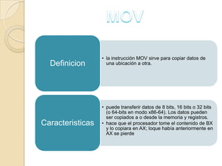 • la instrucción MOV sirve para copiar datos de
  Definicion        una ubicación a otra.




                  • puede transferir datos de 8 bits, 16 bits o 32 bits
                    (o 64-bits en modo x86-64). Los datos pueden
                    ser copiados a o desde la memoria y registros.
Caracteristicas   • hace que el procesador tome el contenido de BX
                    y lo copiara en AX; loque había anteriormente en
                    AX se pierde
 