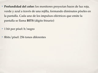✤   Profundidad del color: los monitores proyectan haces de luz roja,
    verde y azul a través de una rejilla, formando diminutos píxeles en
    la pantalla. Cada uno de los impulsos eléctricos que emite la
    pantalla se llama BITS (dígito binario)

✤   1 bit por píxel: b/negro

✤   8bits/píxel: 256 tonos diferentes
 