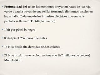 ✤   Profundidad del color: los monitores proyectan haces de luz roja,
    verde y azul a través de una rejilla, formando diminutos píxeles en
    la pantalla. Cada uno de los impulsos eléctricos que emite la
    pantalla se llama BITS (dígito binario)

✤   1 bit por píxel: b/negro

✤   8bits/píxel: 256 tonos diferentes

✤   16 bits/píxel: alta densidad 65.536 colores.

✤   24 bits/píxel: imagen color real (más de 16,7 millones de colores)
    Modelo RGB.
 