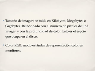 ✤   Tamaño de imagen: se mide en Kilobytes, Megabytes o
    Gigabytes. Relacionado con el número de píxeles de una
    imagen y con la profundidad de color. Esto es el espcio
    que ocupa en el disco.

✤   Color RGB: modo estándar de repesentación color en
    monitores.
 