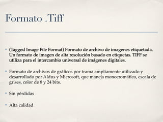 Formato .Tiff

✤   (Tagged Image File Format) Formato de archivo de imagenes etiquetada.
    Un formato de imagen de alta resolución basado en etiquetas. TIFF se
    utiliza para el intercambio universal de imágenes digitales.

✤   Formato de archivos de gráﬁcos por trama ampliamente utilizado y
    desarrollado por Aldus y Microsoft, que maneja monocromático, escala de
    grises, color de 8 y 24 bits.

✤   Sin pérdidas

✤   Alta calidad
 