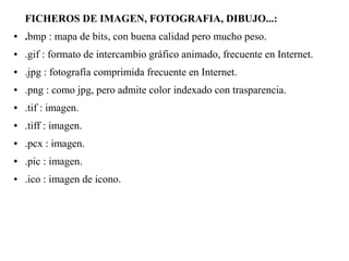 FICHEROS DE IMAGEN, FOTOGRAFIA, DIBUJO...:
● .bmp : mapa de bits, con buena calidad pero mucho peso.
● .gif : formato de intercambio gráfico animado, frecuente en Internet.
● .jpg : fotografía comprimida frecuente en Internet.
● .png : como jpg, pero admite color indexado con trasparencia.
● .tif : imagen.
● .tiff : imagen.
● .pcx : imagen.
● .pic : imagen.
● .ico : imagen de icono.
 