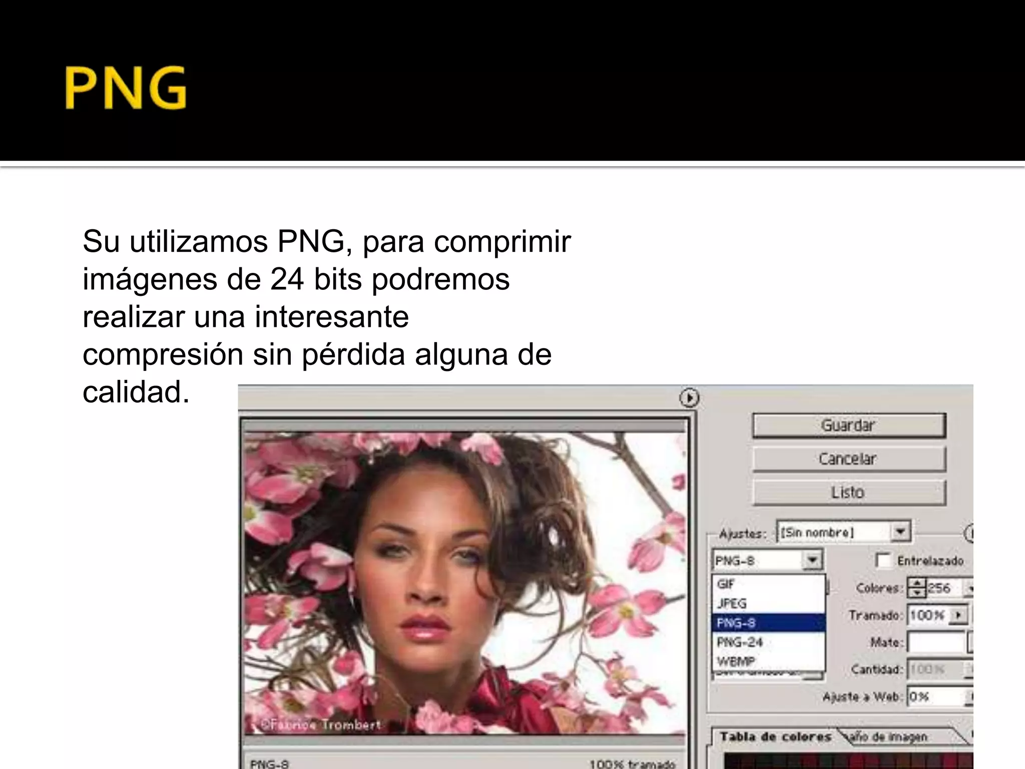 Su utilizamos PNG, para comprimir
imágenes de 24 bits podremos
realizar una interesante
compresión sin pérdida alguna de
calidad.
 