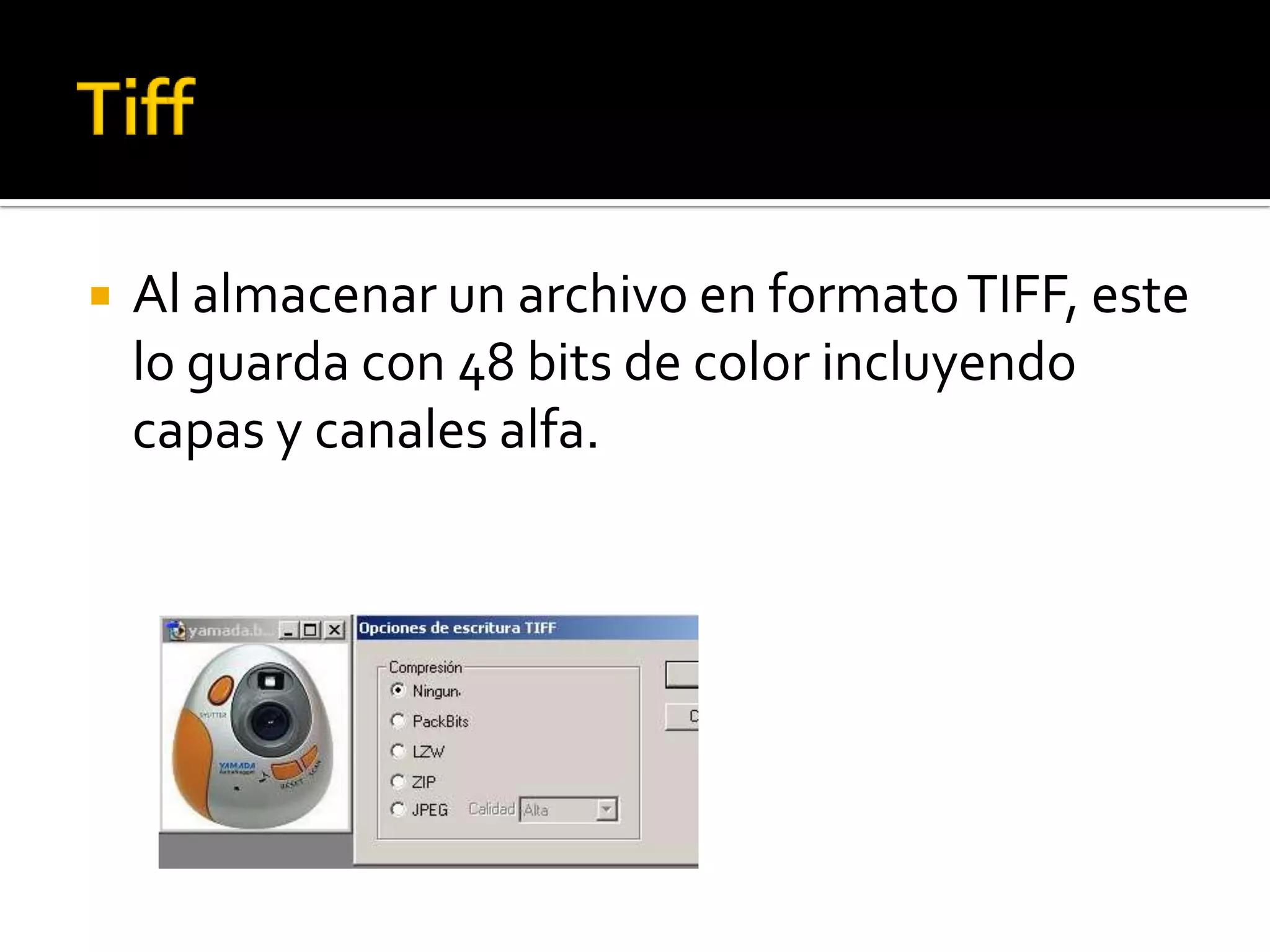    Al almacenar un archivo en formato TIFF, este
    lo guarda con 48 bits de color incluyendo
    capas y canales alfa.
 