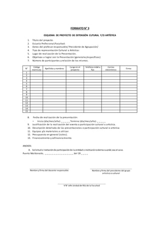 FORMATO N° 3
ESQUEMA DE PROYECTO DE EXTENSIÓN CUTURAL Y/O ARTÍSTICA
1. Título del proyecto.
2. Escuela Profesional/Facultad:
3. Datos del profesor responsable/ Presidente de Agrupación/
4. Tipo de representación Cultural o Artística:
5. Lugar de realización de la Presentación.
6. Objetivos a lograr con la Presentación (generales/específicos)
7. Número de participantes y relación de los mismos.
N°
Código
matricula
Apellidos y nombres
Cargo en el
proyecto
Teléfono móvil o
fijo
Correo
electrónico
Firma
1
2
3
4
5
6
7
8
9
10
11
12
13
14
15
8. Fecha de realización de la presentación:
‒ Inicio (día/mes/año): _ _ _ _ _ Termino (día/mes/año): _ _ _ _ _
9. Justificación de la realización del evento o participación cultural o artística.
10. Descripción detallada de las presentaciones o participación cultural o artística
11. Equipos y/o materiales a utilizar.
12. Presupuesto en general (soles).
13. Financiamiento y cofinanciamiento.
ANEXOS:
A. Solicitudo Invitaciónde participaciónde la entidad o instituciónexterna cuando sea el caso.
Puerto Maldonado, _ _ _ _ _ _ _ _ _ _ _ _ _ _ _ _ del 20 _ _ _ _
Nombre y firma del docente responsable Nombre y firma del presidente del grupo
artístico o cultural
V°B° Jefe Unidad de RSU de la Facultad
 