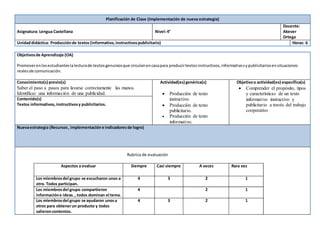 Planificación de Clase (Implementación de nueva estrategia)
Asignatura: Lengua Castellana Nivel:4°
Docente:
Akever
Ortega
Unidaddidáctica: Producciónde textos(informativo,instructivospublicitario) Horas: 6
Objetivosde Aprendizaje (OA)
Promoverenlosestudianteslalecturade textosgenuinosque circulanencasapara producirtextosinstructivos,informativosypublicitariosensituaciones
realesde comunicación.
Conocimiento(s) previo(s)
Saber el paso a pasos para lavarse correctamente las manos.
Identificar una información de una publicidad.
Actividad(es) genérica(s)
 Producción de texto
instructivo.
 Producción de texto
publicitario.
 Producción de texto
informativo.
Objetivoo actividad(es) específica(s)
 Comprender el propósito, tipos
y características de un texto
informativo instructivo y
publicitario a través del trabajo
cooperativo
Contenido(s)
Textos informativos,instructivosy publicitarios.
Nuevaestrategia (Recursos, implementacióne indicadoresde logro)
Rubrica de evaluación
Aspectos a evaluar Siempre Casi siempre A veces Rara vez
Los miembrosdel grupo se escucharon unos a
otro. Todos participan.
4 3 2 1
Los miembrosdel grupo compartieron
informacióne ideas., todos dominan el tema.
4 2 1
Los miembrosdel grupo se ayudaron unosa
otros para obtenerun producto y todos
salieroncontentos.
4 3 2 1
 